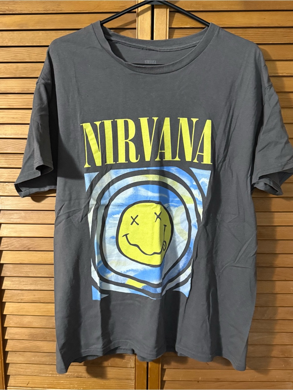 NIRVANA Gray Short Sleeve Tee with Yellow & Blue Graphic